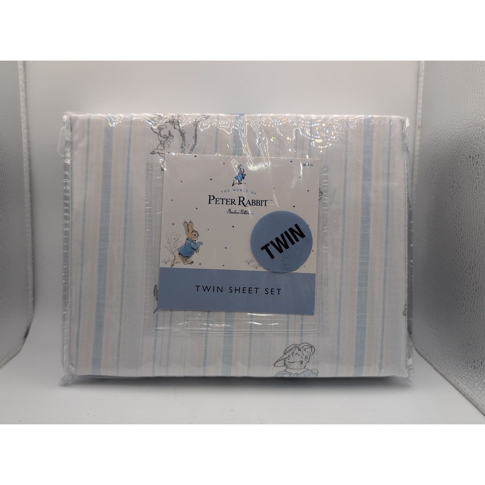 Beatrix Potter Peter Rabbit White Blue Stripe  3pc Twin Size Sheet Set Spring
